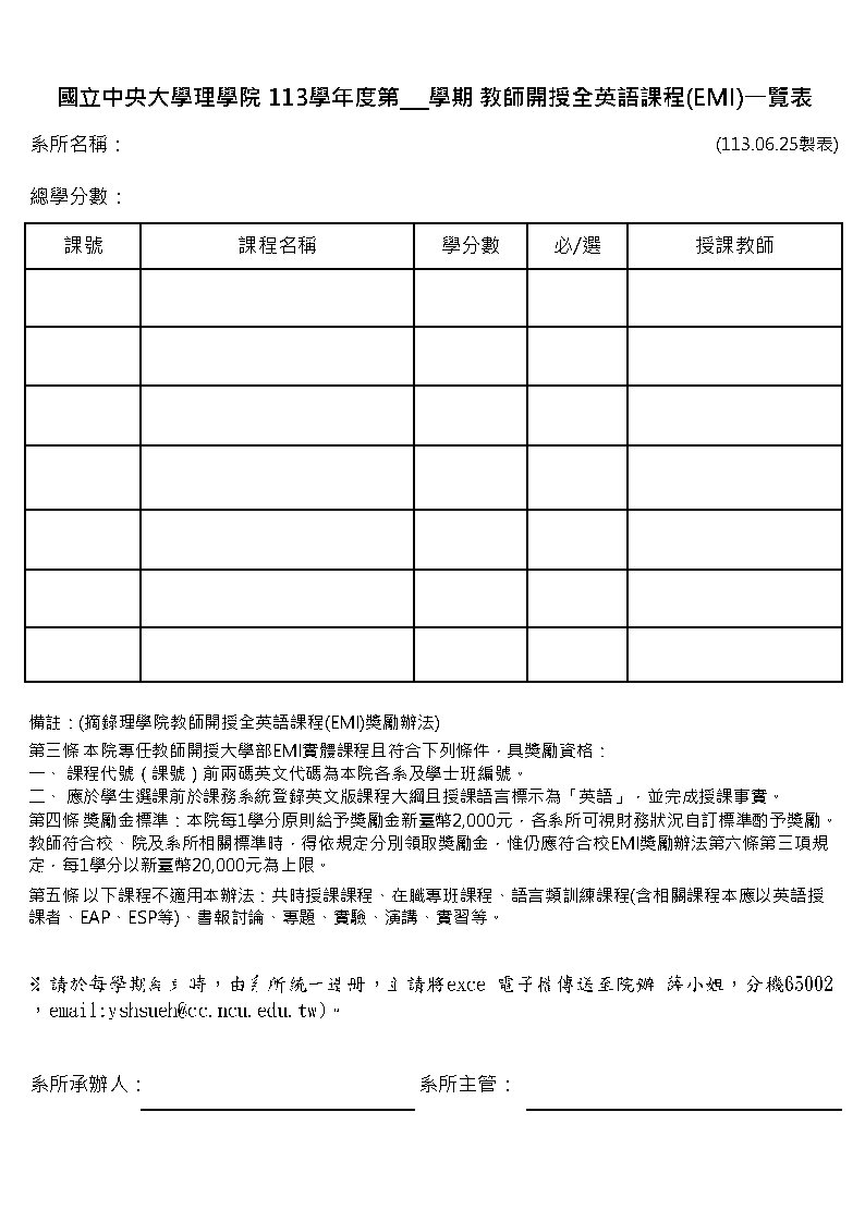 理學院教師開授全英語課程一覽表